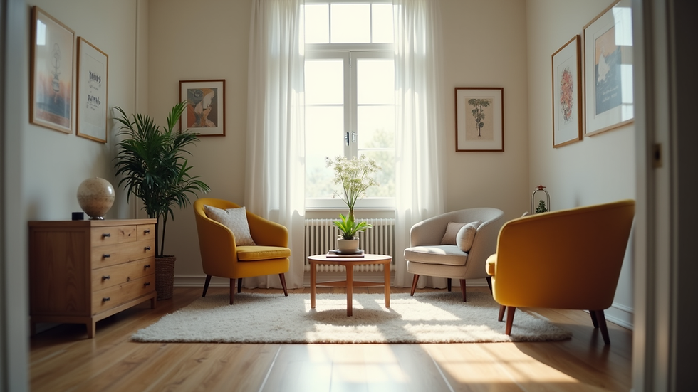Eye-level view of a quiet counselling room with soft lighting