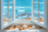 A white trim wide window that is open overlooking the ocean with seashells.jpg