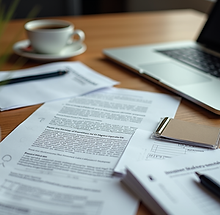 A bird's-eye view of a student's desk with scattered university application materials, lap