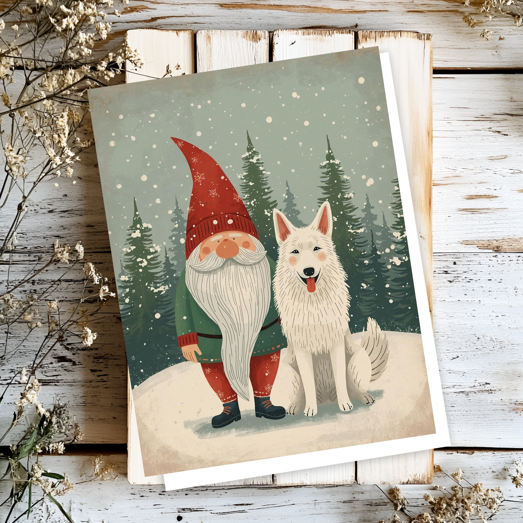 Gnome for the Holidays - Folk Art White Shepherd