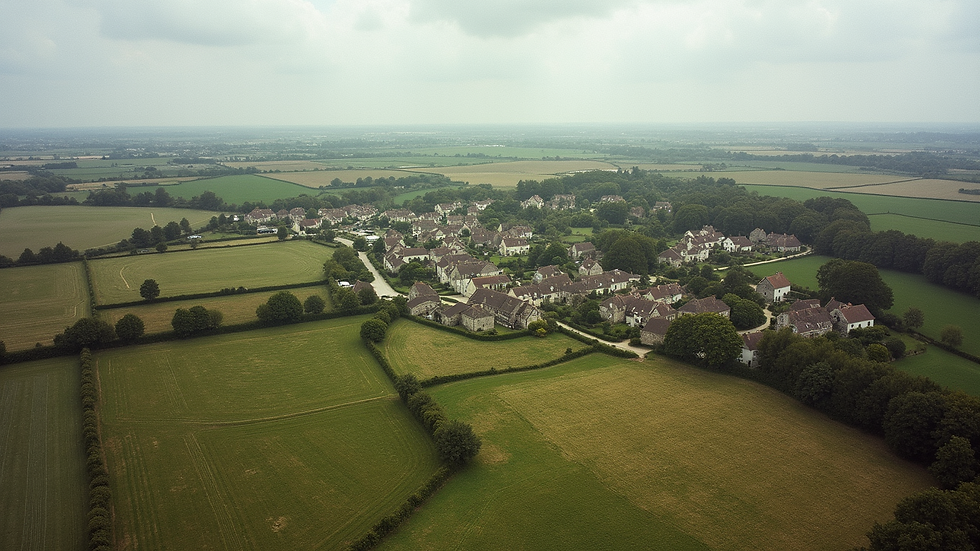 Vue aérienne d’un village rural dans le Morbihan avec maisons traditionnelles