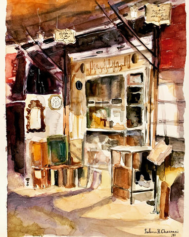 A painting of an antique shop in Takiyya Suleimaniah souq in Damascus Syria

Water color on paper 