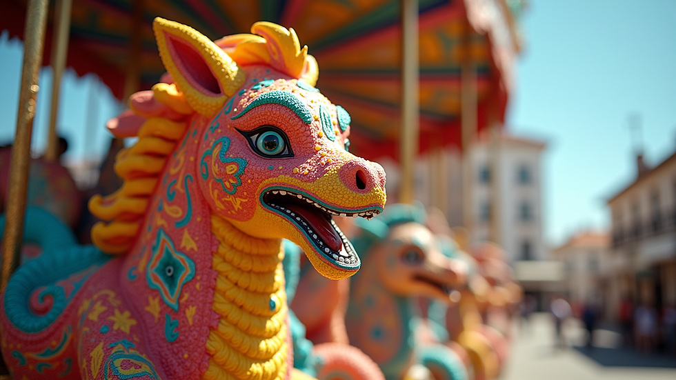 Eye-level view of a colorful carnival float adorned with intricate designs