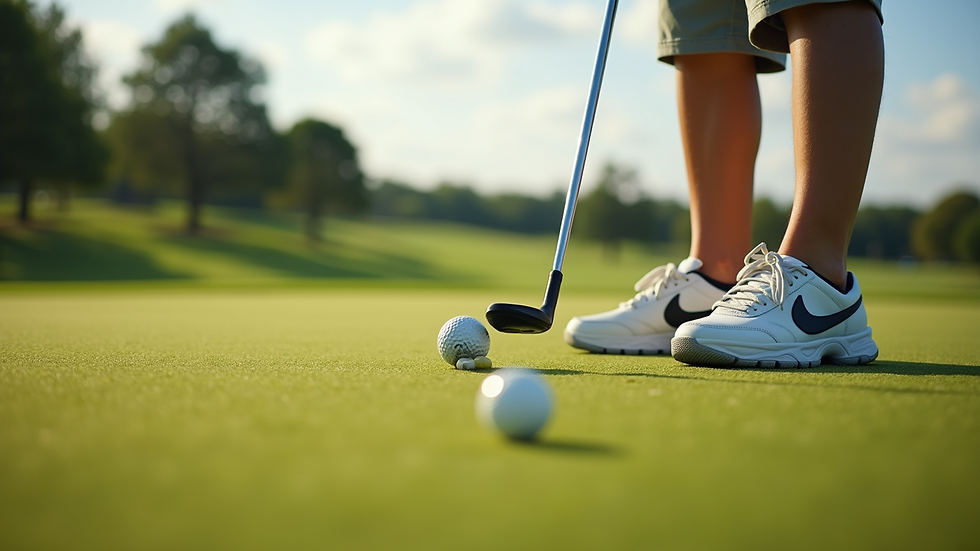 Eye-level view of a young golfer practicing putting on a green