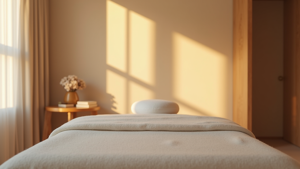 Eye-level view of a calm therapy room with soft lighting and a massage table