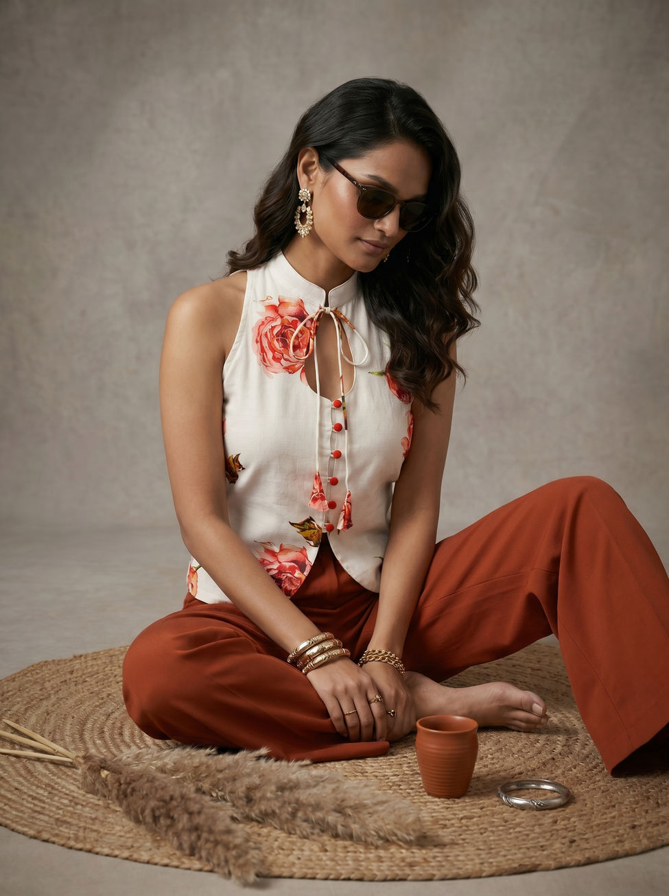 model wearing Floral Sleeveless Jacket-Style Top with korean pants