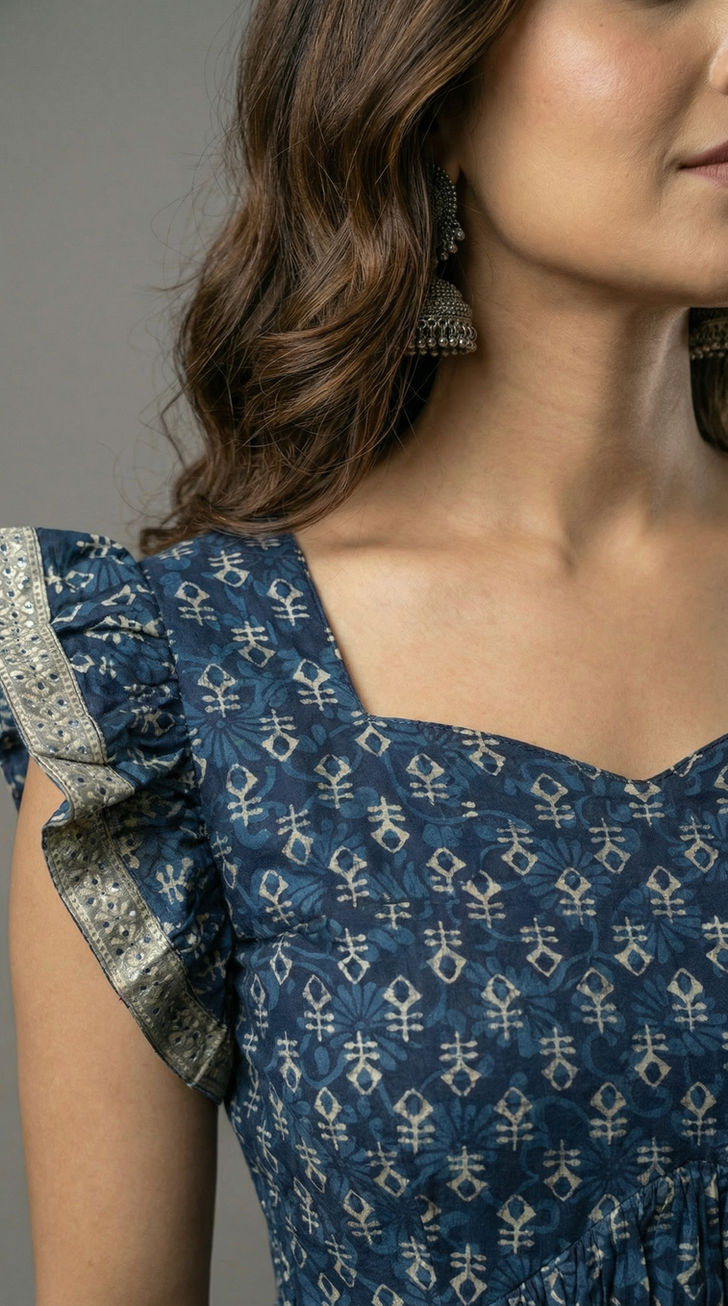 Model wearing Blue Heart Neckline Cotton  Peplum Kurti