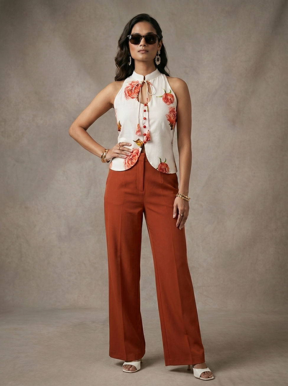 model wearing Floral Sleeveless Jacket-Style Top with korean pants