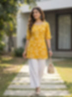 Model showcasing mustard corset kurti top