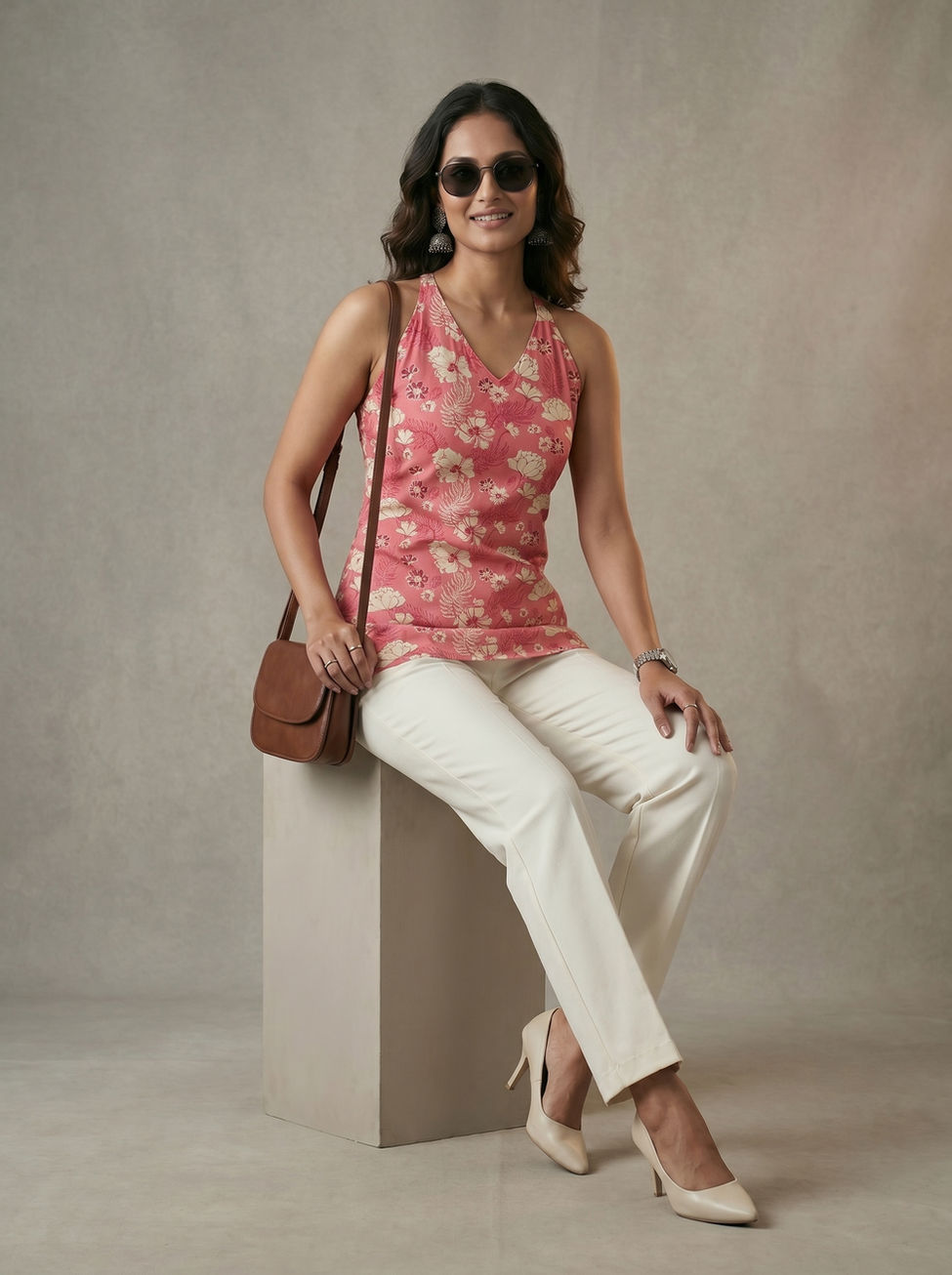 Model wearing pink halter neck short kurti top