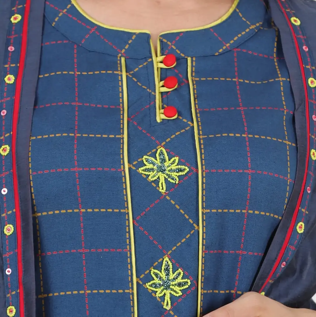 Blue Chanderi Kurti with Shrug and Trousers