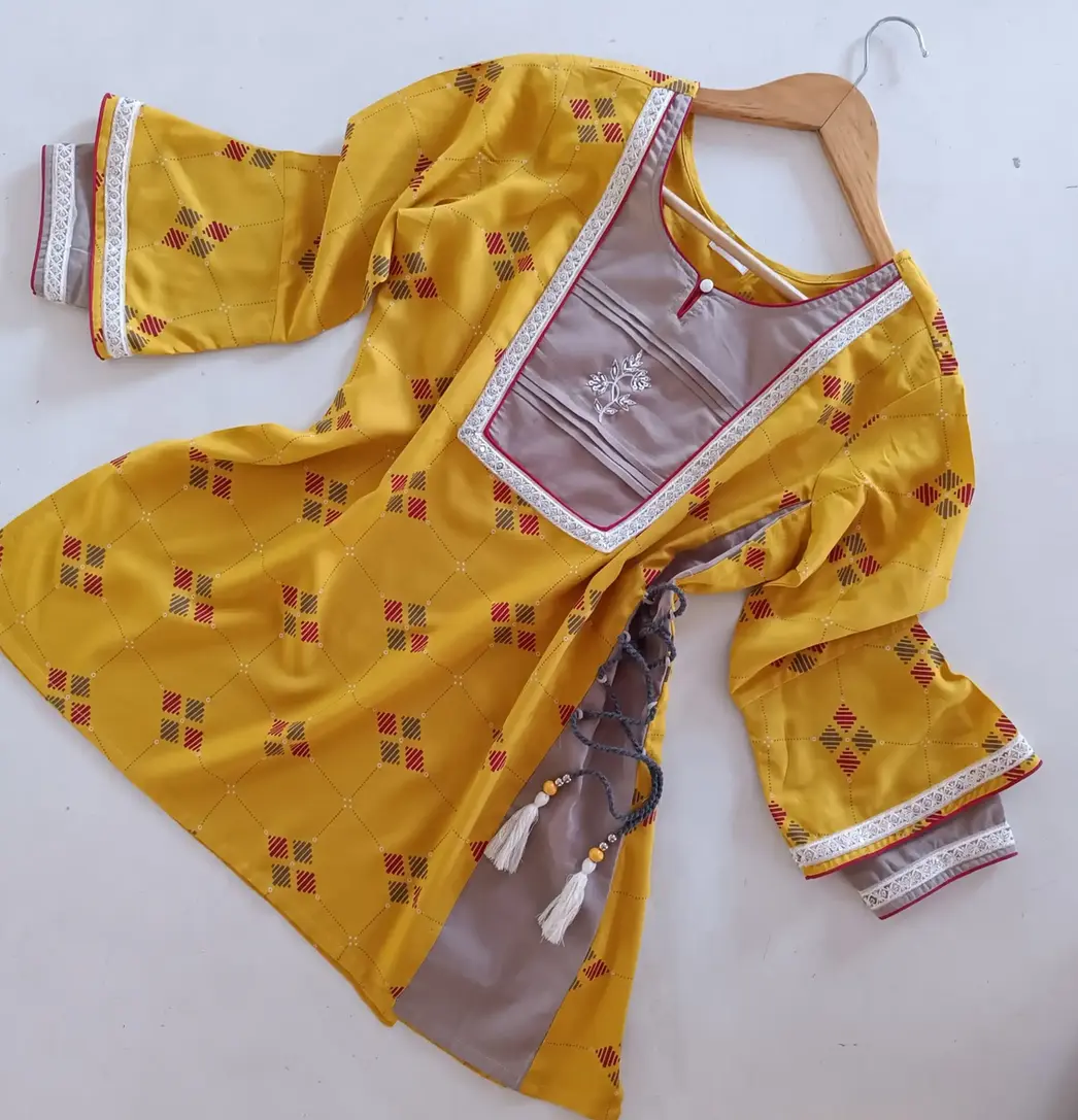 Mustard Short Kurti with Dori Work on Sides and Bell shaped Sleeves 