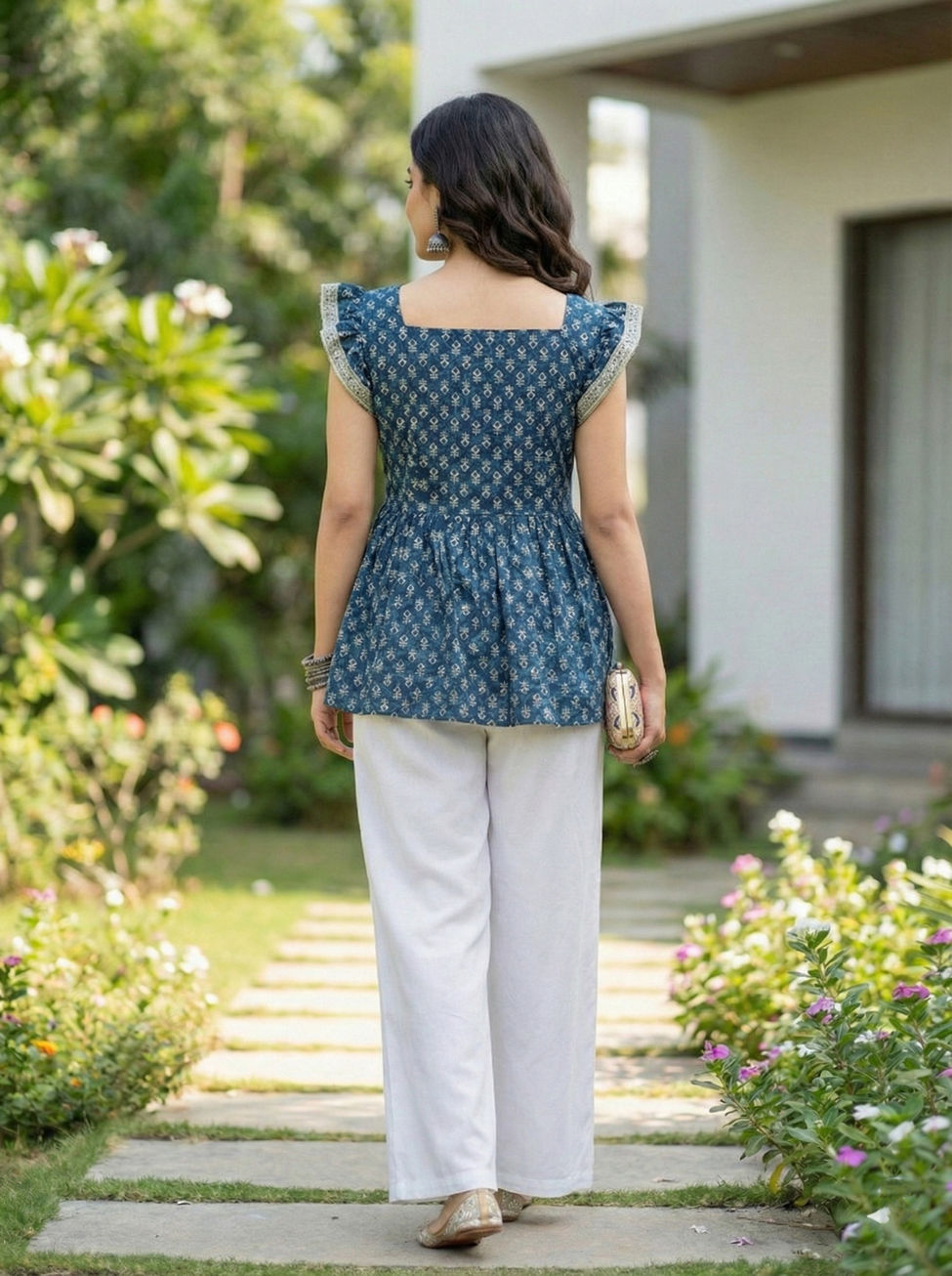 model wearing Indigo Peplum Kurti Top