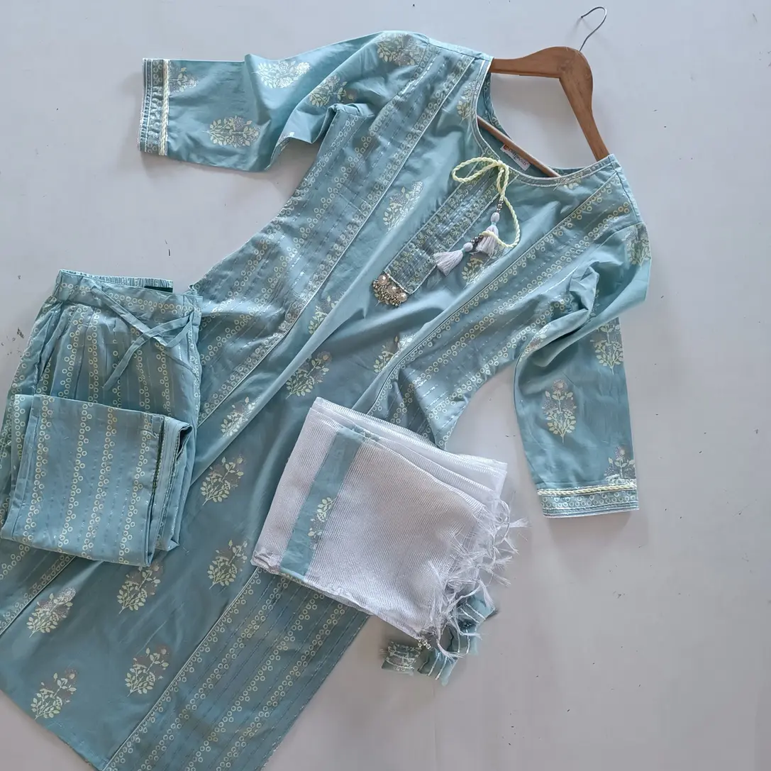 Sky Blue Straight Kurti with Trousers and Dupatta at wholesale price
