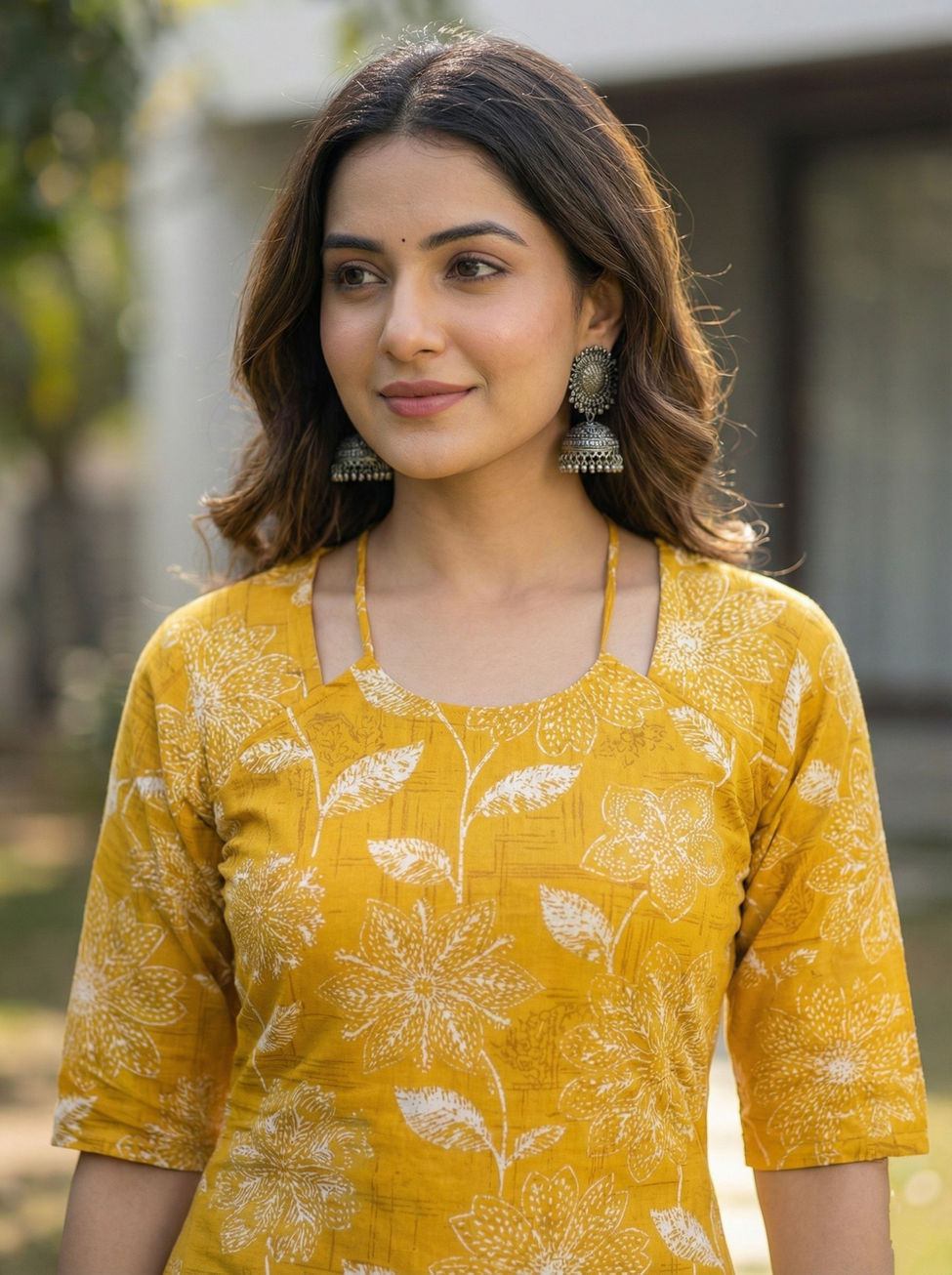 Model showcasing mustard corset kurti top
