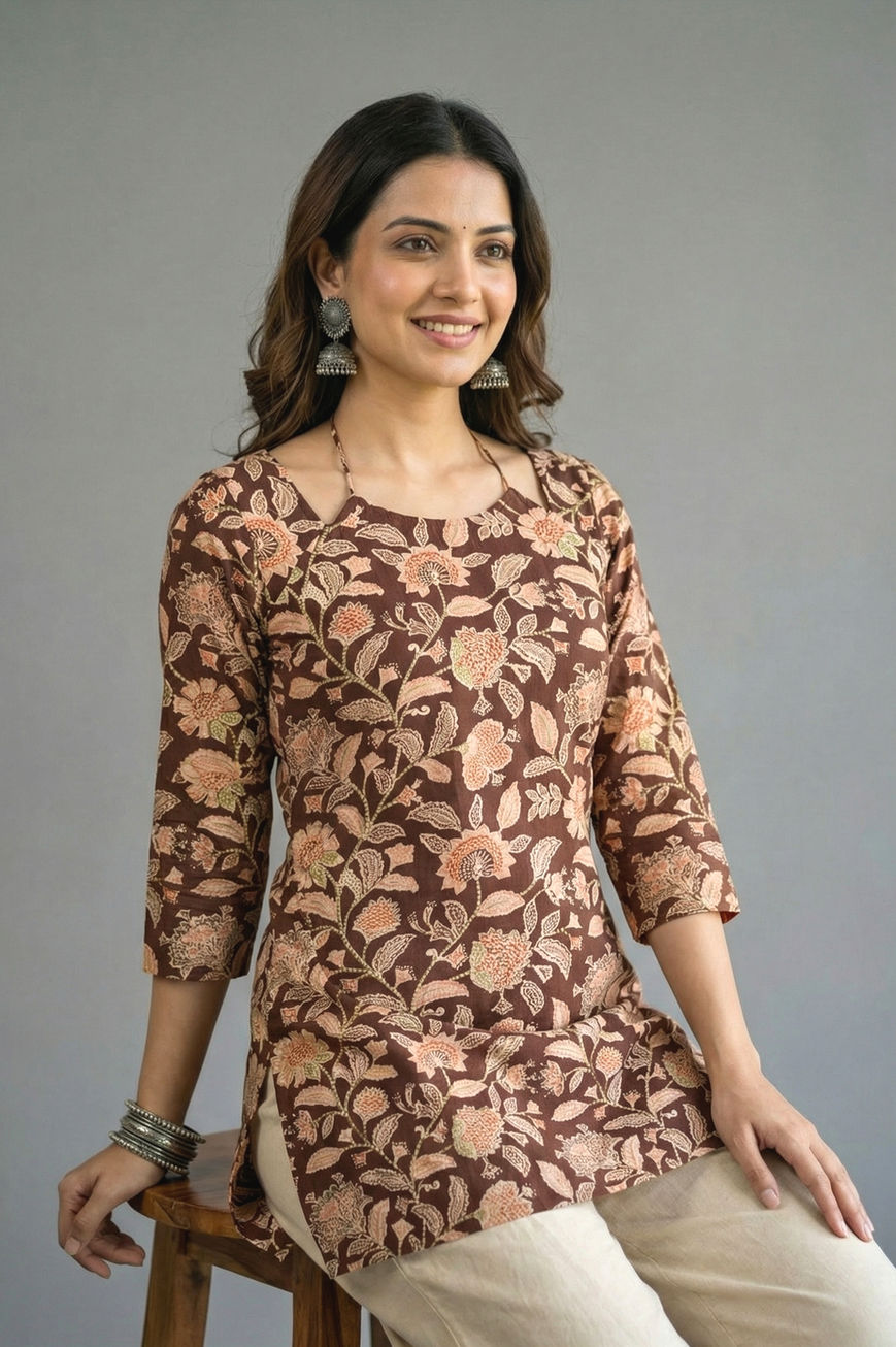 model wearing Brown Floral Corset Kurti Top