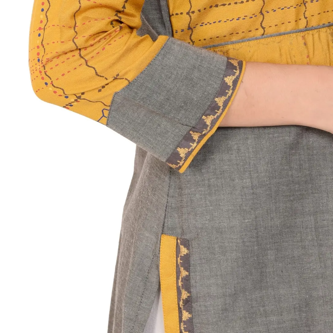 mustard grey cotton kurti with quarter sleeves