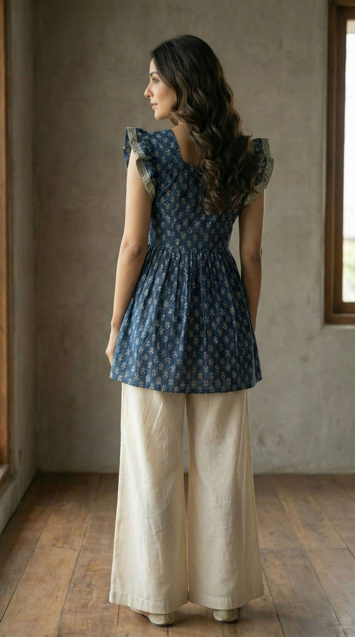 Model wearing Blue Heart Neckline Cotton  Peplum Kurti