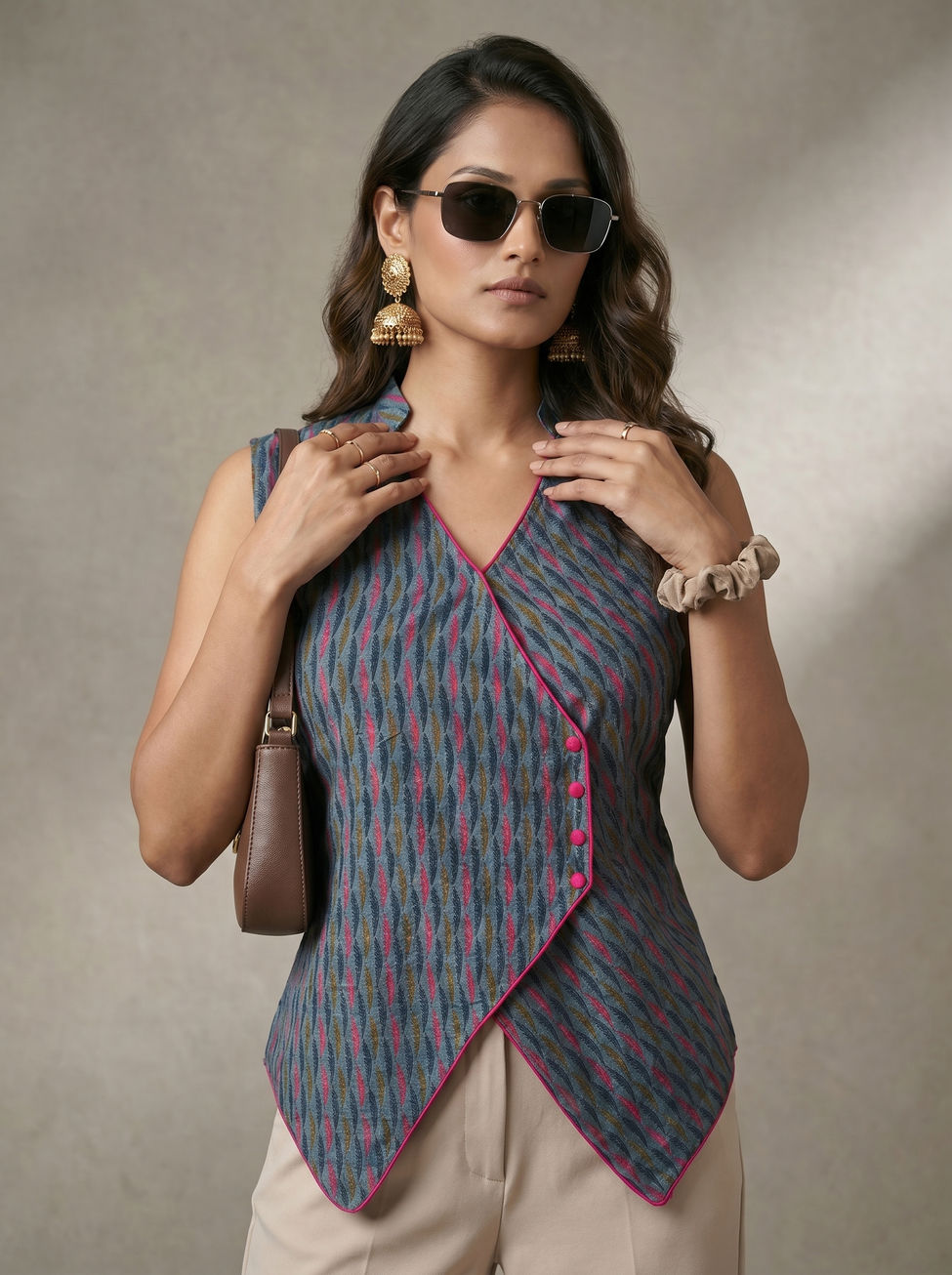 Women showcasing Printed Angrakha Style Short Top