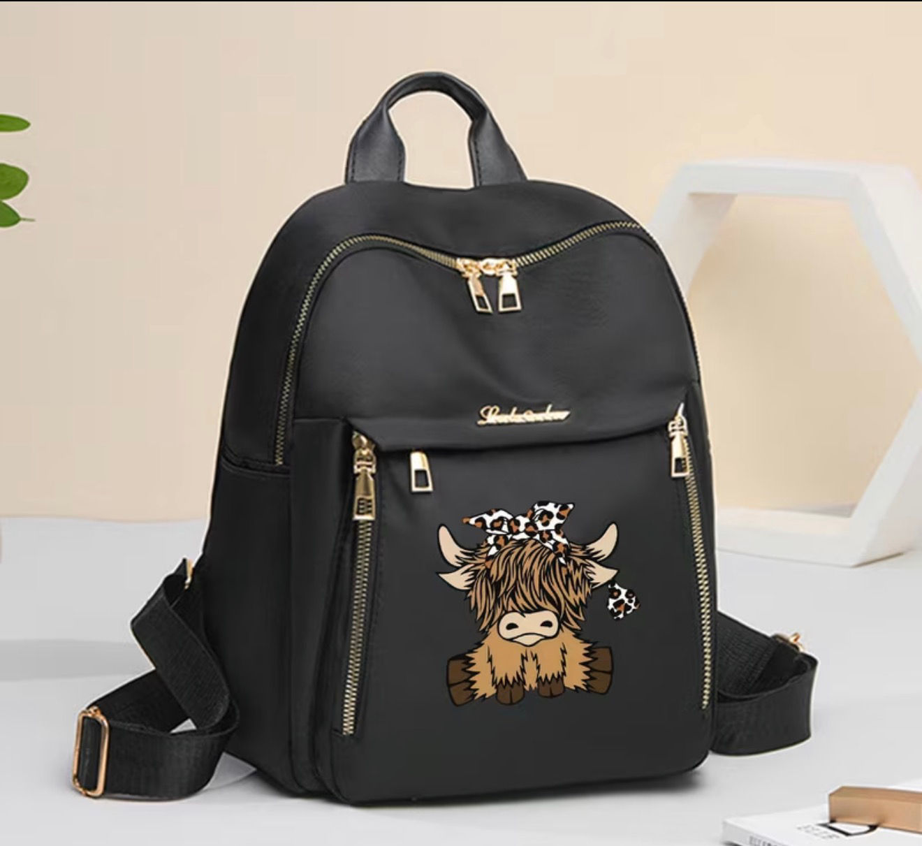 Highland Cow Mini Backpack Purse – Black