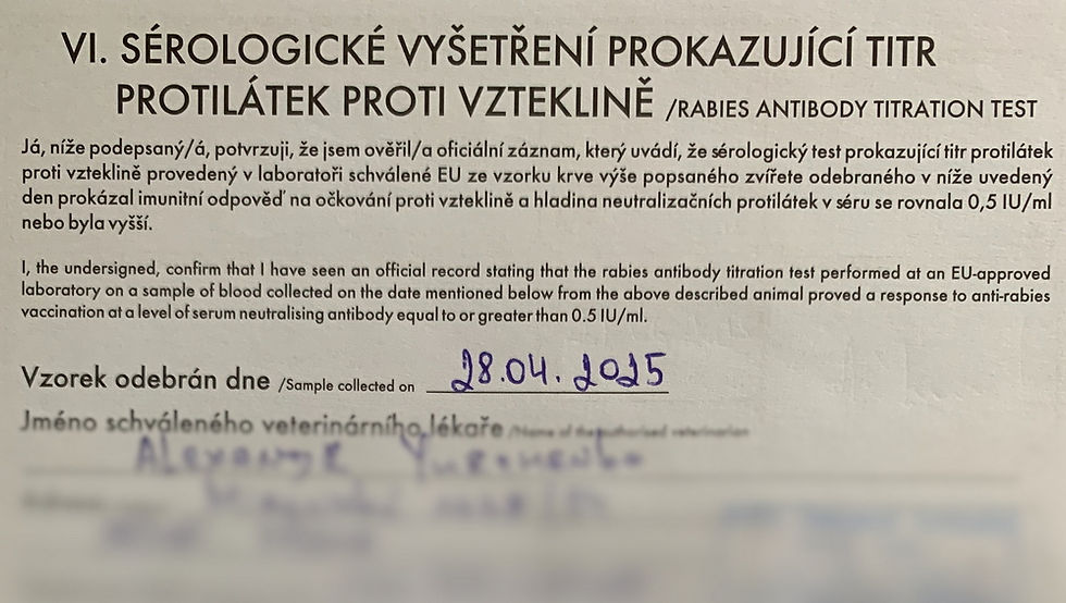 Серологическое исследование (титры) с датой взятия крови, подписью и печатью ветеринара.