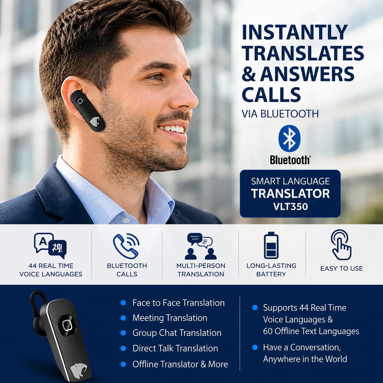 Bluetooth VLT350 smart language translator headset for real-time translation