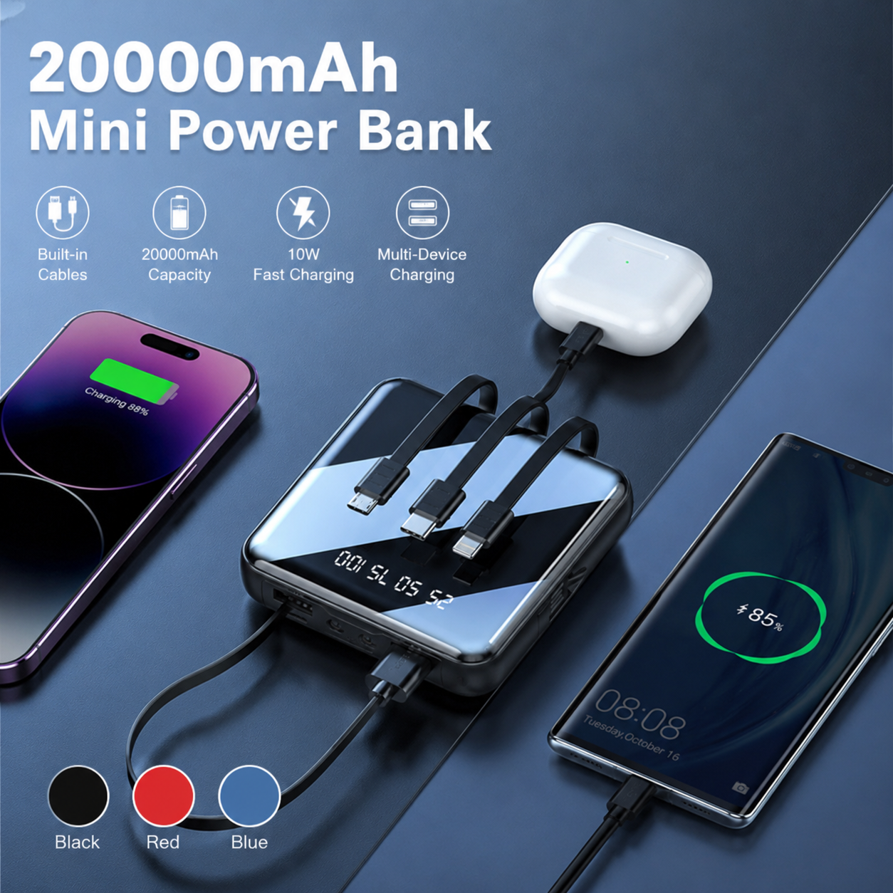 Stay connected wherever you go with this compact 20000mAh Mini Power Bank. Built-in charging cables eliminate the need to car