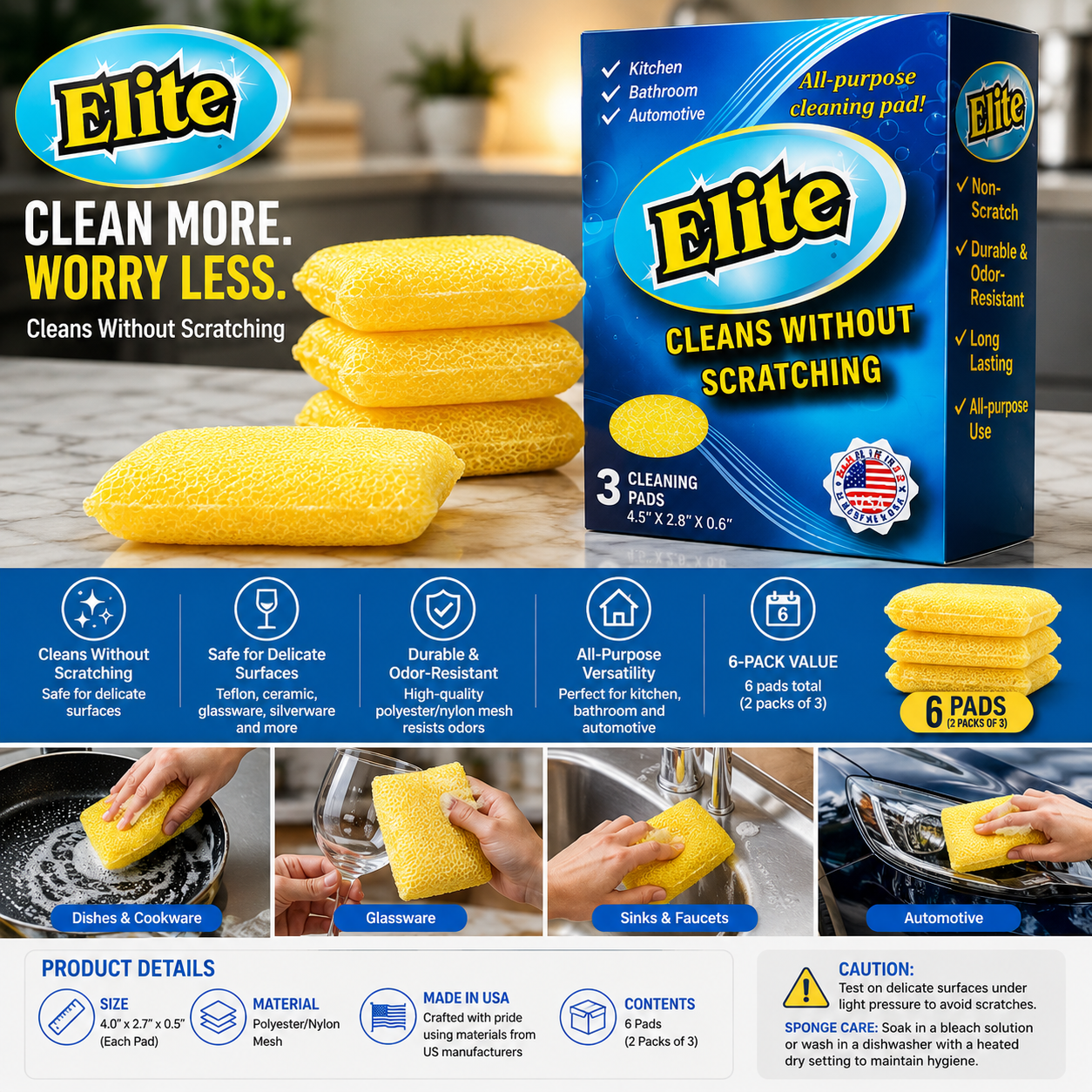 Elite multipurpose non-scratch scrub pads 6-pack for kitchen cleaning