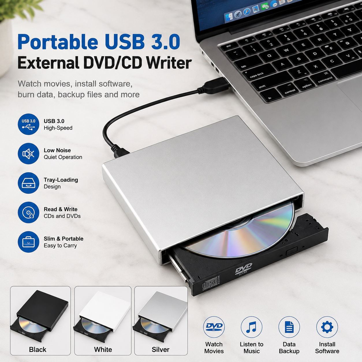 Portable USB 3.0 external DVD CD writer drive for laptop and PC