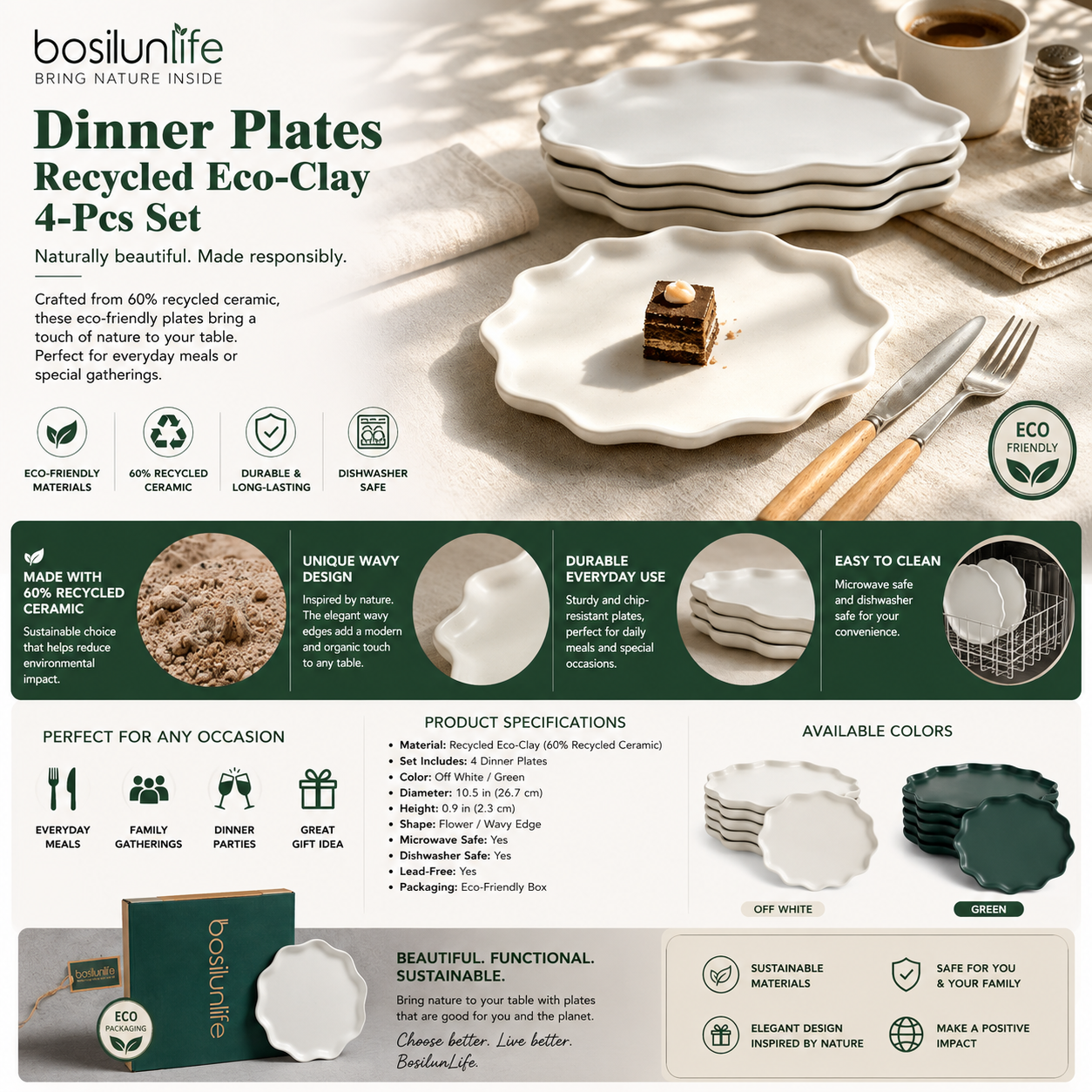 BosilunLife recycled eco-clay dinner plates 4-piece set in elegant white with unique wavy edges.