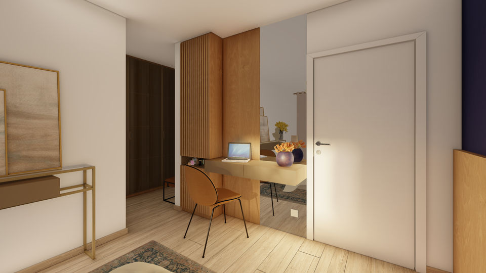Natural oak wood panels incorporated in the master bedroom to soften the cool impact of navy blue.