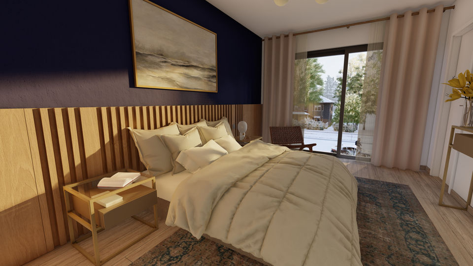 Master bedroom with navy blue accent wall fostering a serene and tranquil atmosphere.