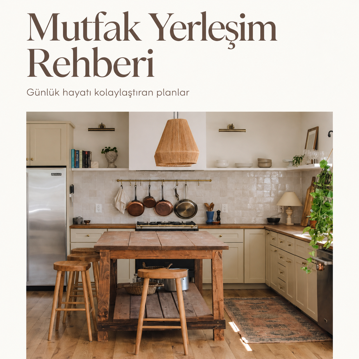 Mutfak Yerleşim Rehberi kapağı, ahşap adalı beyaz mutfak