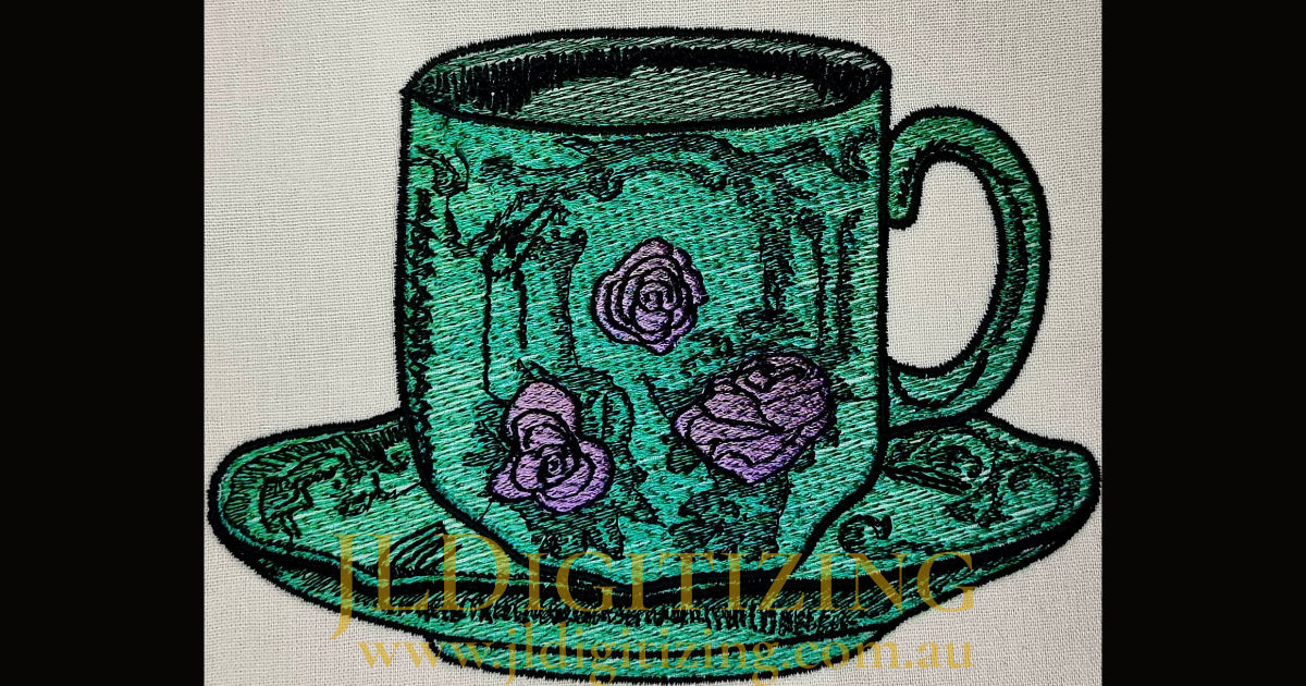Grunge Tea Cup 143x106mm - Machine Embroidery Design