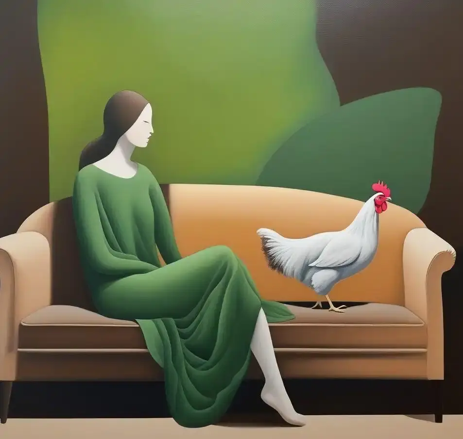 Eine stilisierte Frau sitzt ruhig in einem grünen Kleid auf einem Sofa, neben ihr steht ein echtes Huhn. Ein humorvolles Symbolbild für den Blogartikel "Und gackere ich dann wie ein Huhn?", der mit den Mythen über Hypnose aufräumt. Bild von KraftStaub.