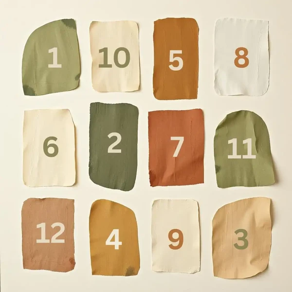 Abstrakter Adventskalender mit 12 unregelmäßigen Feldern in den KraftStaub-Markenfarben Grün und Braun. Symbolbild für die "Erlebnisreise der 12 Räume" und den Seelen-Adventskalender von Sandra Ritter.