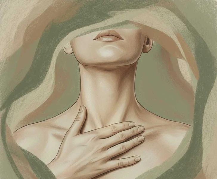 Eine entspannte Frau beruhigt ihr Nervensystem durch die sanfte Stimulation ihres Vagusnervs am Hals.