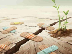 Aufgerissene Erde. Risse werden mit Pflaster geklebt aber nicht geheilt