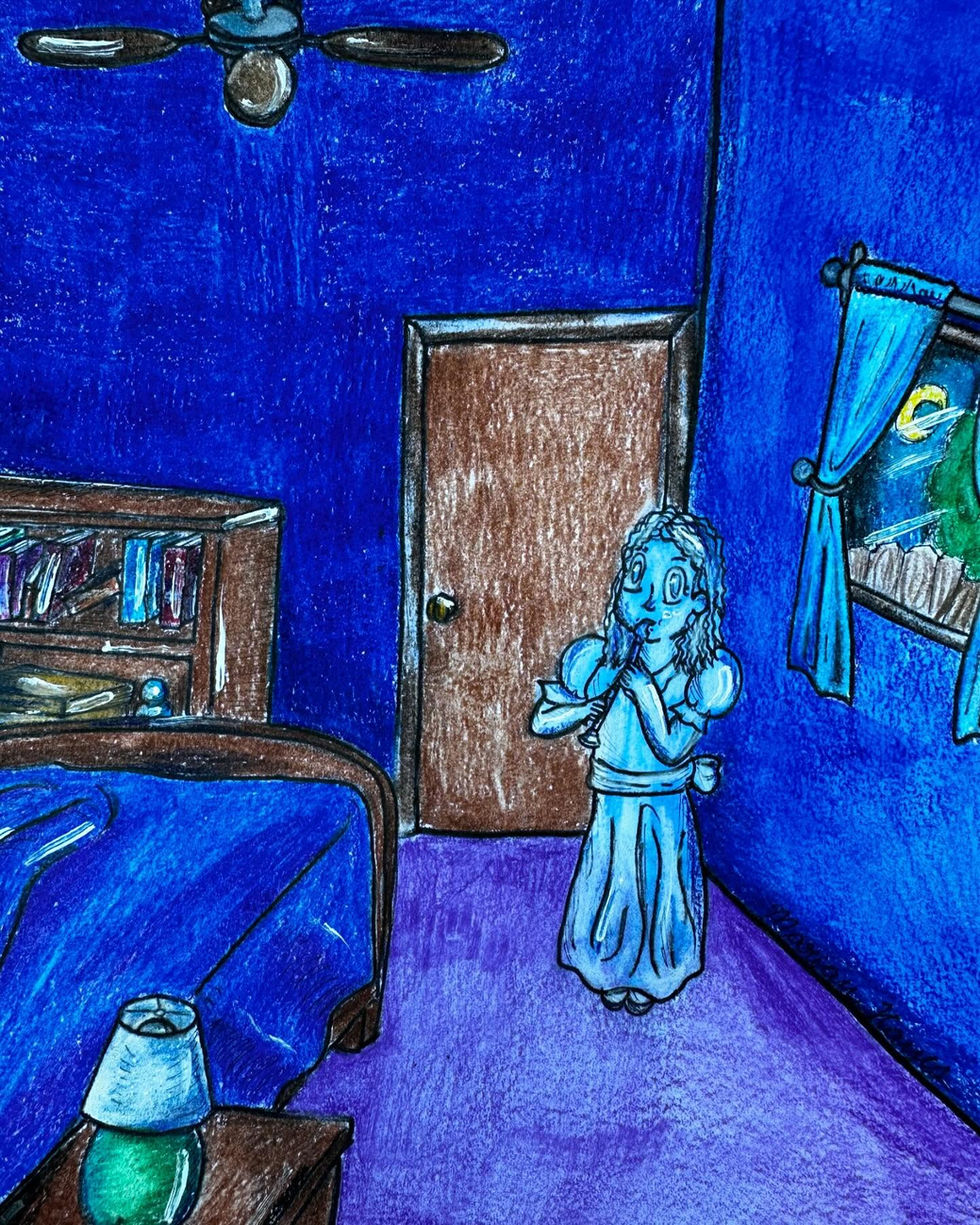 Drawing of a Ghost girl in a dress playing the recorder in the corner of the bedroom