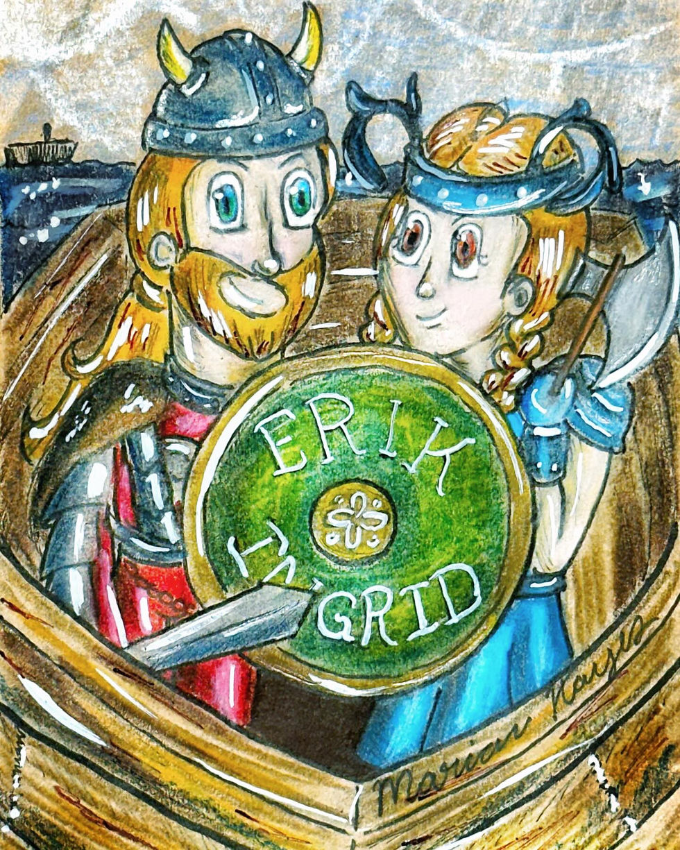 two vikings named Erik and Ingrid on a ship with their shield and battle gear