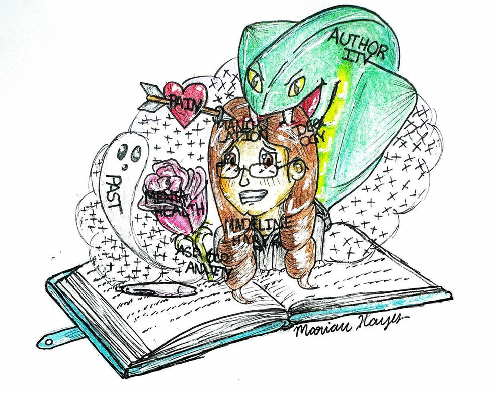 journal open with a girl and other items popping out of it