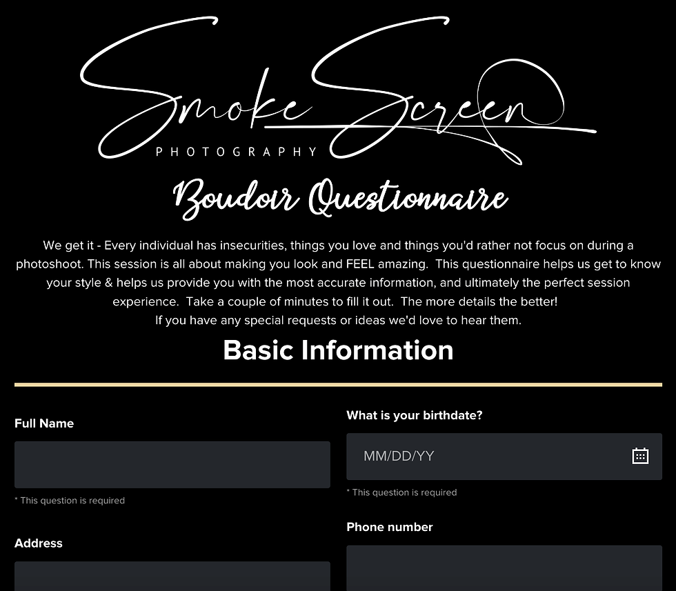 Boudoir questionnaire form