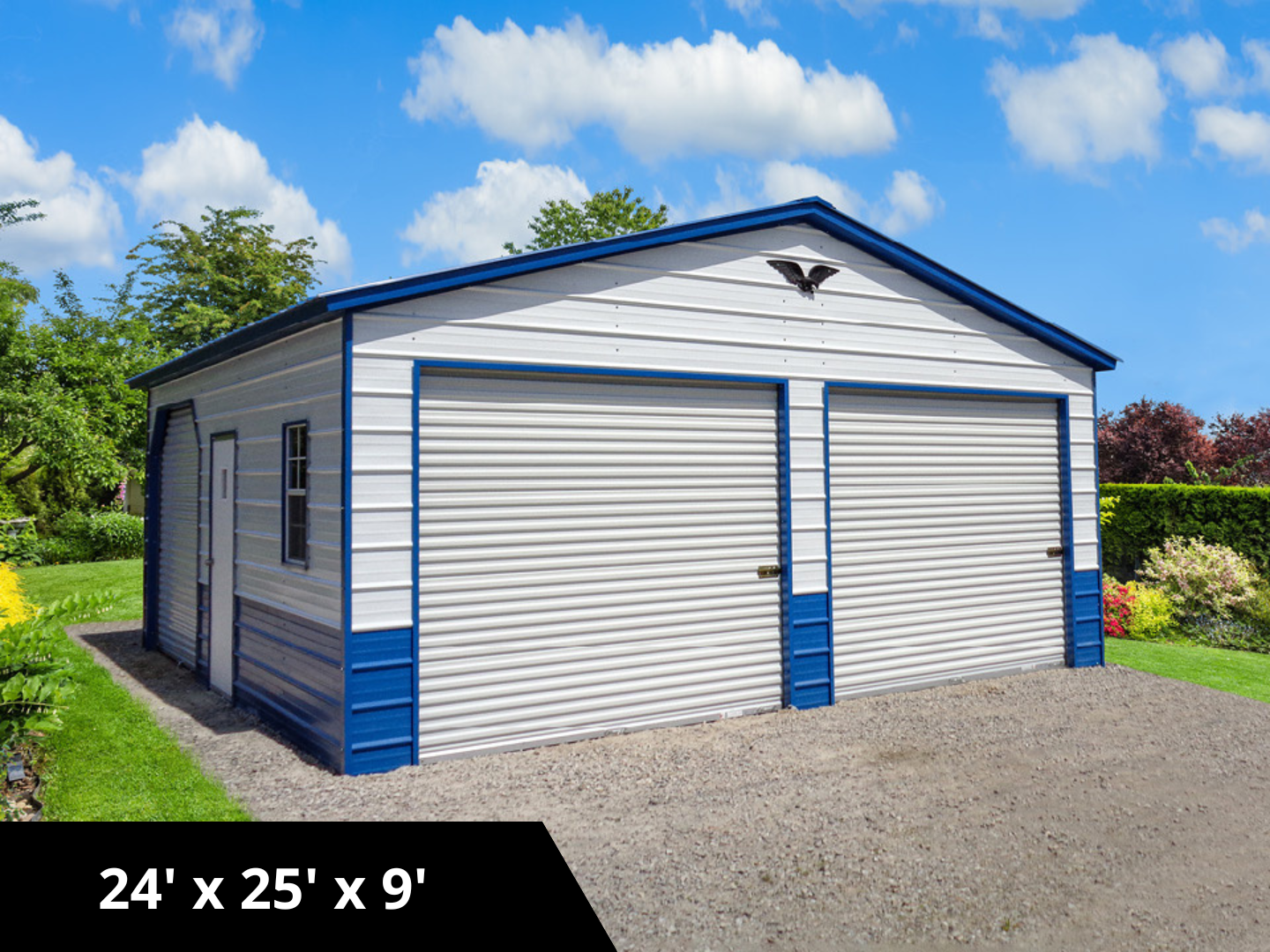 Blue and White 2 Car Metal Garage