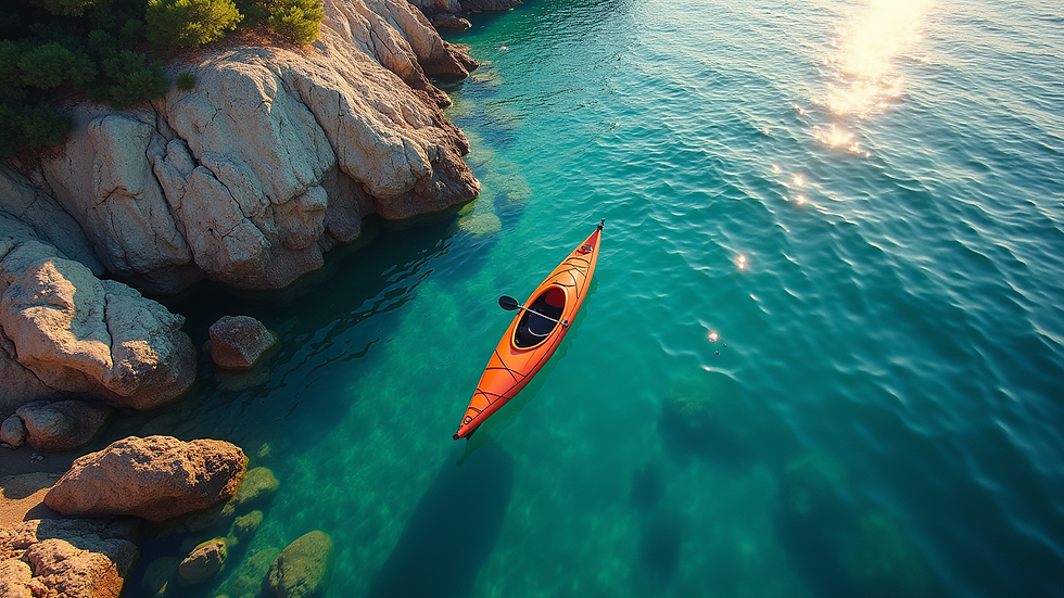 High angle view of a kayak floating near a rocky shoreline on a sunny day