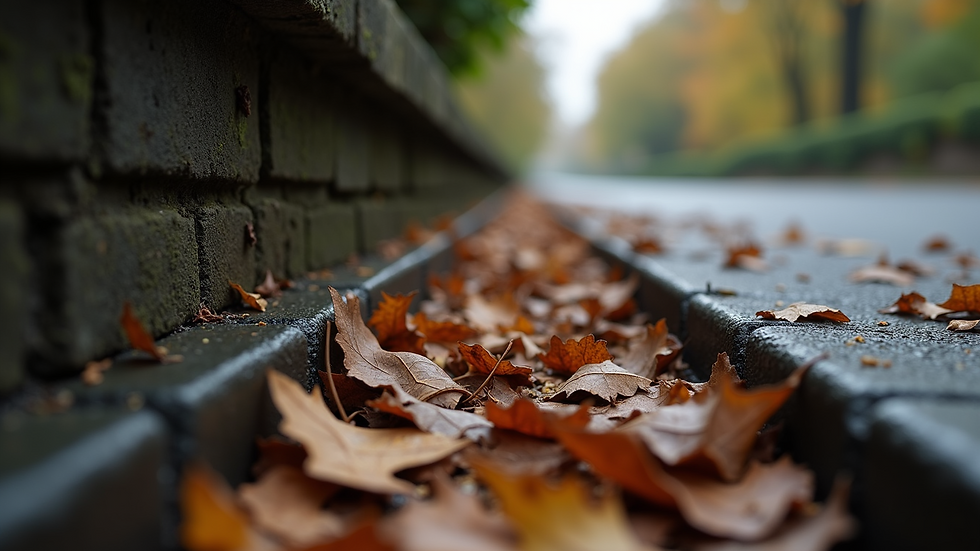 Close-up view of a gutter filled with leaves and debris