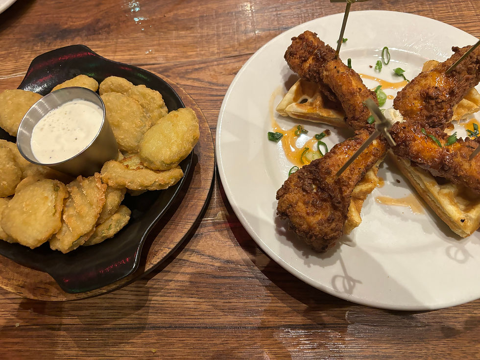 Chicken & Waffles and Fried Pickles at Freebird Kitchen