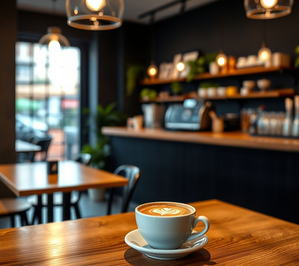 coffee shop bar counter shot with coffee on counter, blurred background, black walls, blac