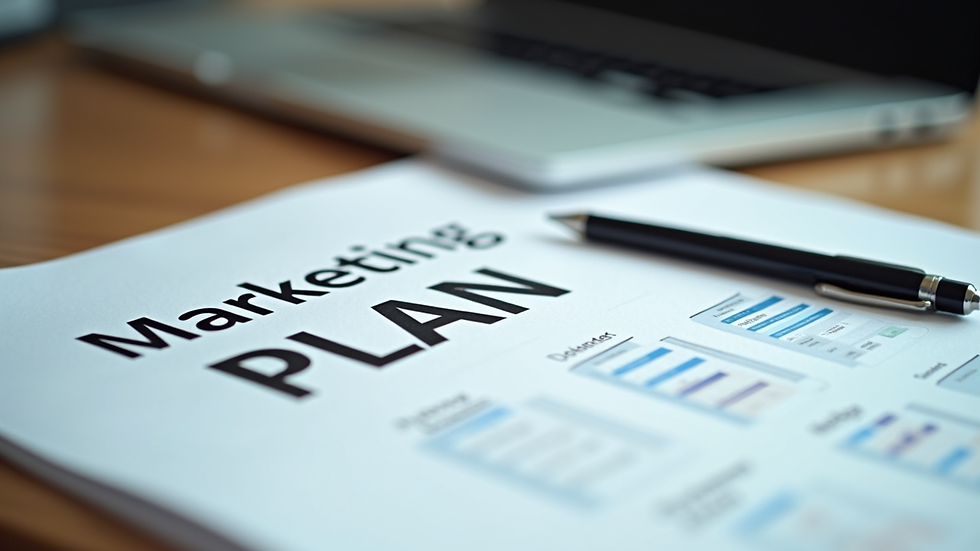 Close-up view of a marketing plan document with notes and a laptop