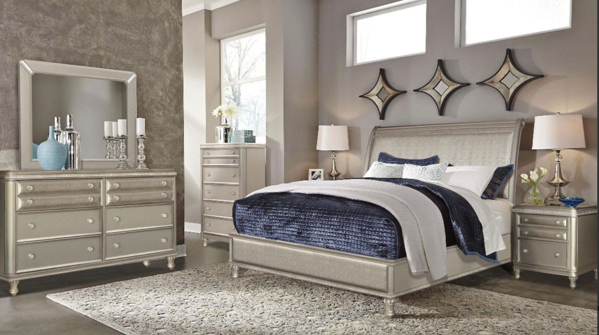 1 King Bed  2 Night Stands  1 Dresser  1 Mirror