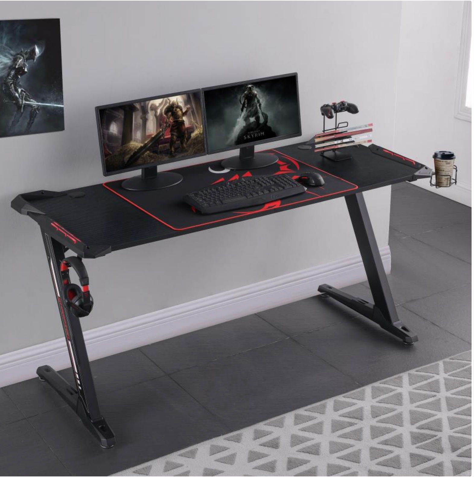 Metal Z-shaped Gaming Desk Black